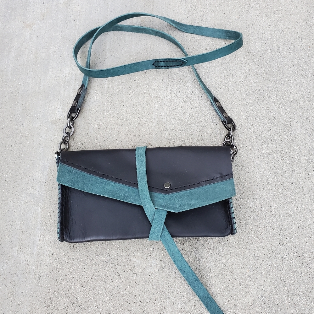 Two Tone Leather Crossbody Purse Handmade/ Hand Stitched Turquoise & Black
